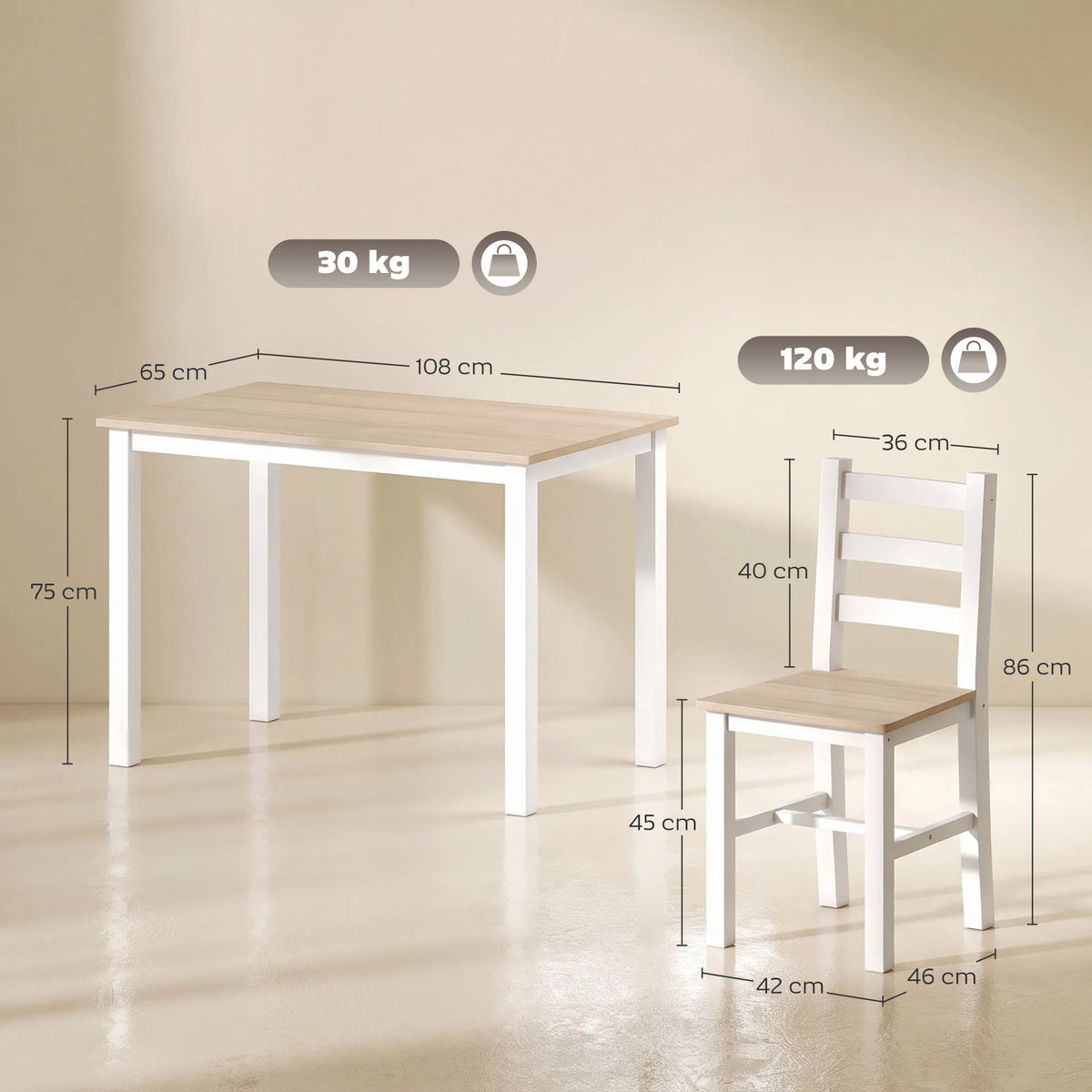 Conjunto de Jantar 5 peças para 4 Pessoas Mesa e Cadeiras Estilo Rústico em Madeira Maciça Natural e Branco — foto 2