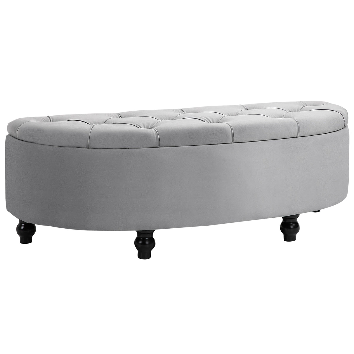 Banco de Armazenamento Baú de Armazenamento Capitonê Meia Lua Revestimento de Veludo Pés Madeira de Hévea 120x46x42 cm Cinza — foto 1