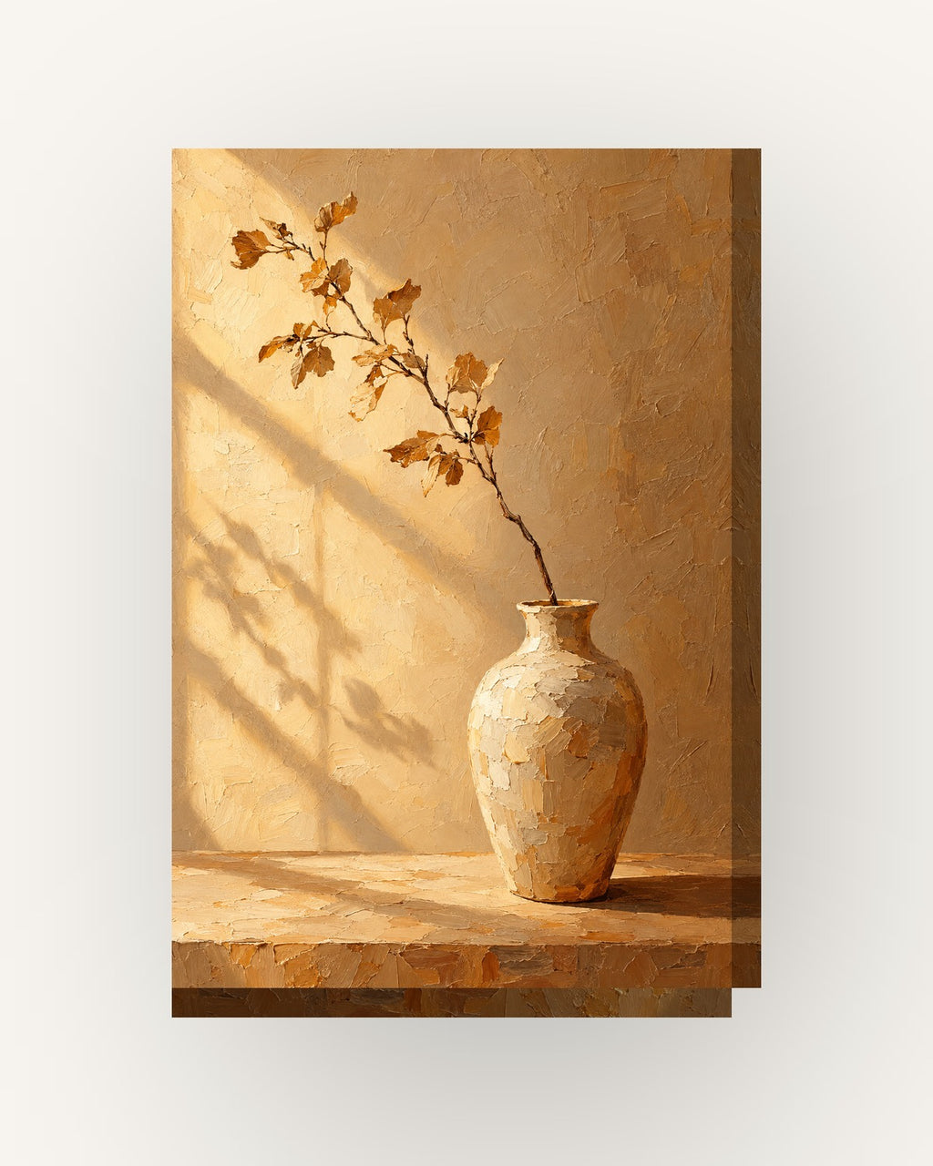 Vaso e ramo · Pintura a óleo · Quadro em tons neutros — acabamento:slim