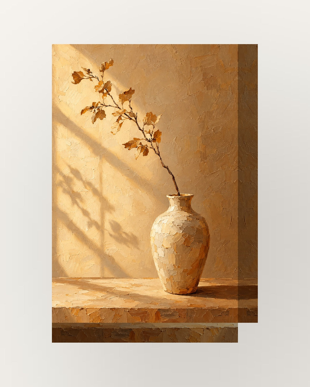 Vaso e ramo · Pintura a óleo · Quadro em tons neutros — acabamento:thick