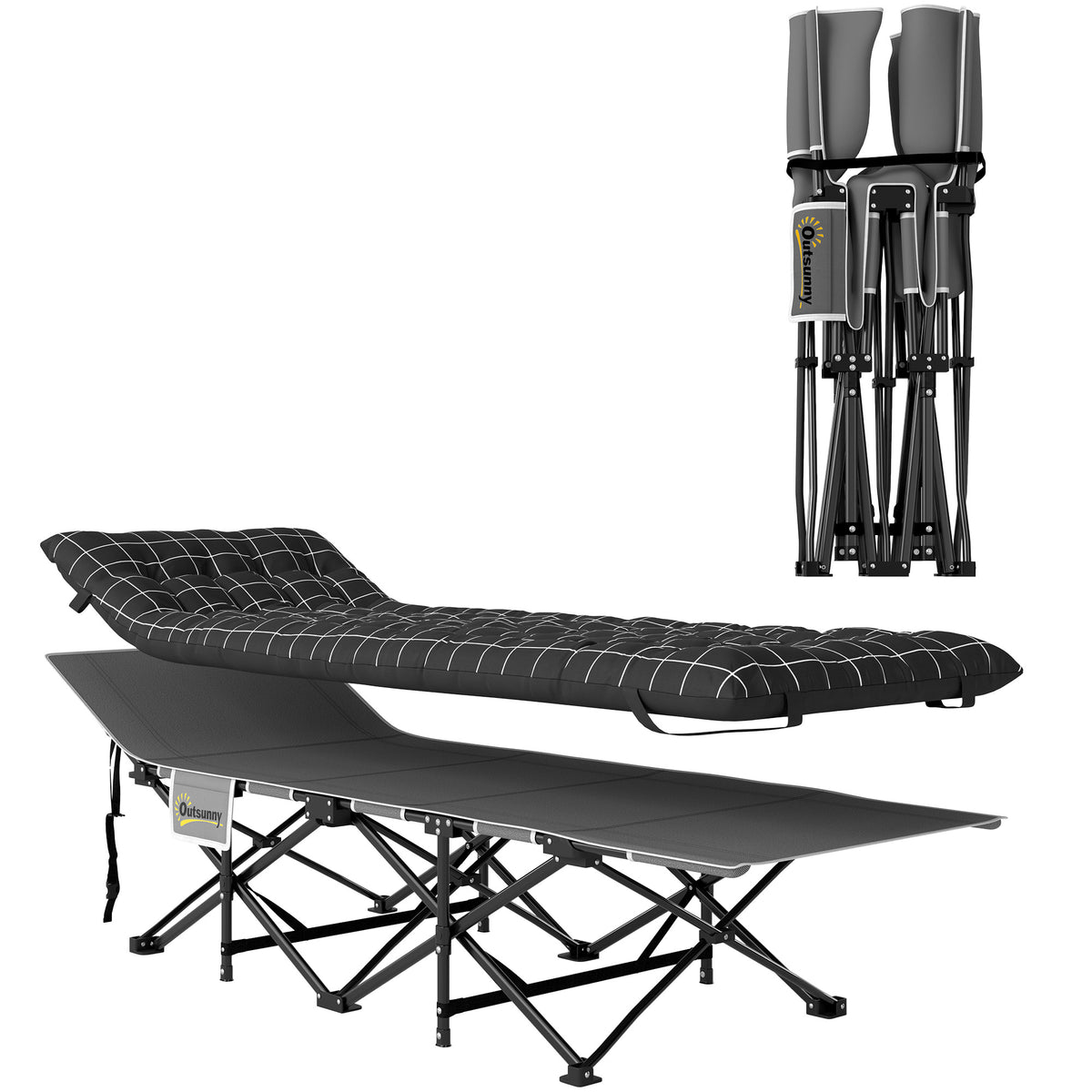 Cama de Campismo Dobrável com Colchão Bolso Lateral e Saco Integrado Cama de Camp Tecido Oxford 190x67x37 cm Preto — foto 1