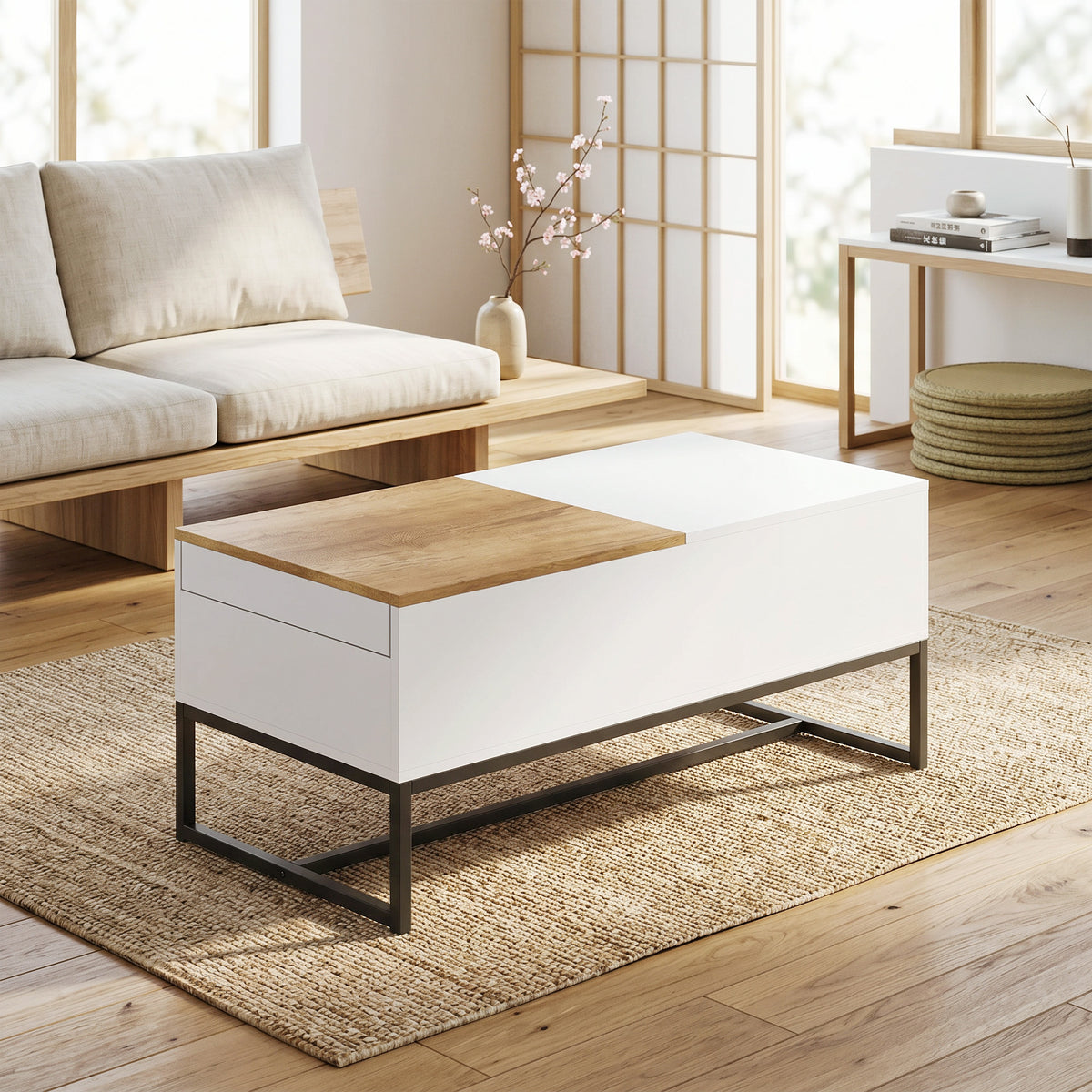 Mesa de Centro Extensível com Tampo Deslizante Mesa de Sala com Compartimento de Armazenamento Oculto e Pés em Aço Branco — imagem 5