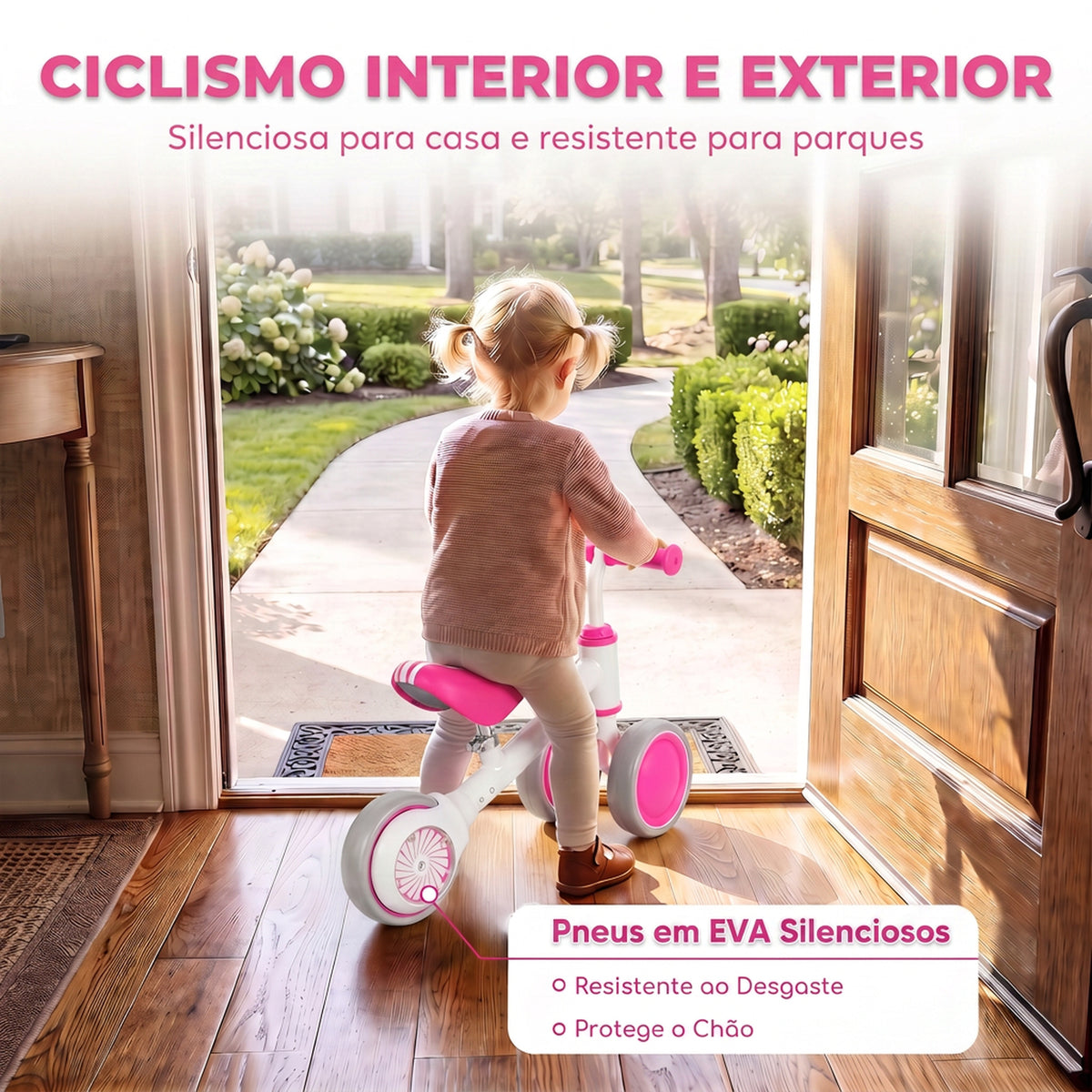 Bicicleta sem Pedais Rosa com Assento Ajustável e Rodas Traseiras com Luzes para Meninos e Meninas de 1 a 2 Anos — imagem 7