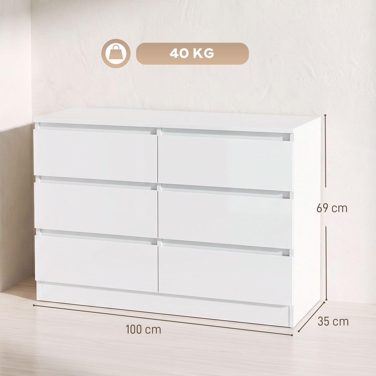 Cómoda 6 Gavetas para Quarto e Sala 100x35x69 cm Branco — foto 2