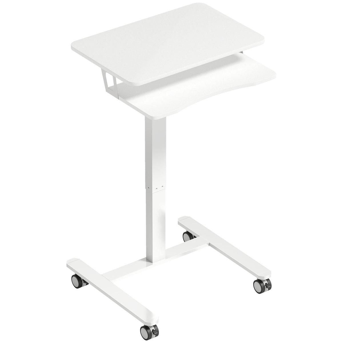 Secretária Regulável Sentar-Ficar de Pé Mesa Móvel com Bandeja para Teclado Rodízios e Estrutura em Aço Branco — foto 1