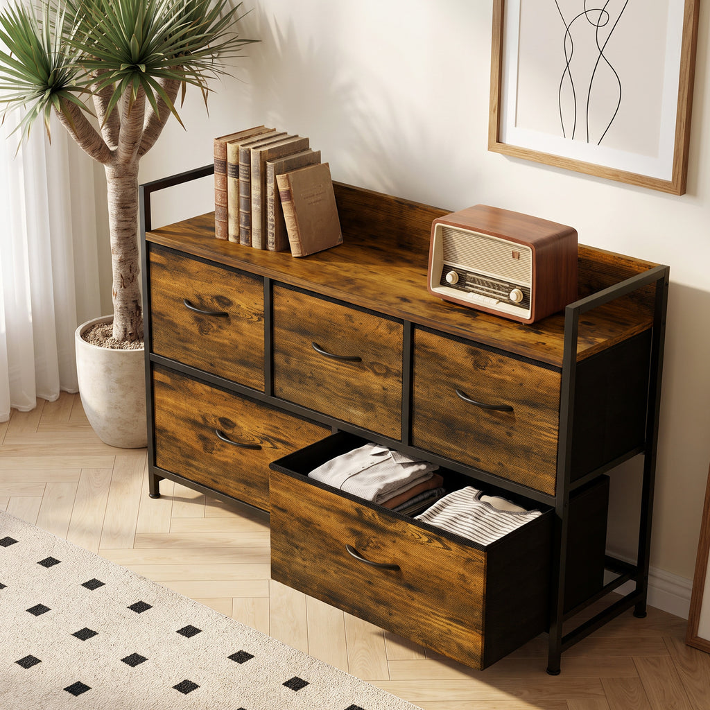 Cómoda de Quarto com 5 Gavetas, Cómoda em Tecido com Tampo de Madeira, Castanho e Preto — imagem 9