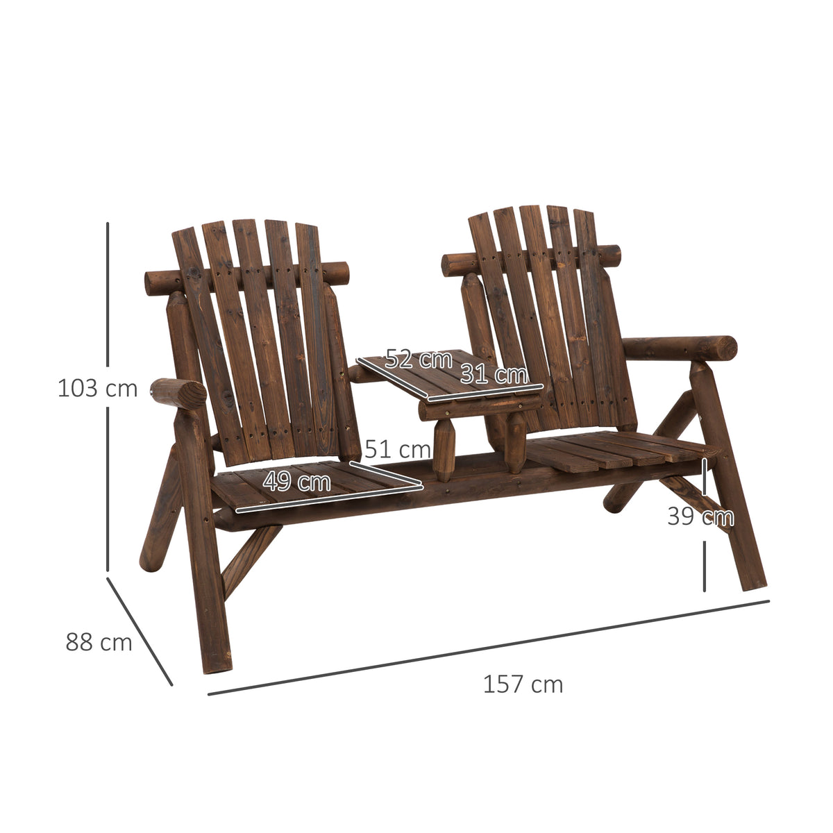 Banco de jardim com mesa, Mobiliário de jardim, Banco, 2 lugares, Madeira maciça, Castanho, 157 x 88 x 103 cm — foto 2