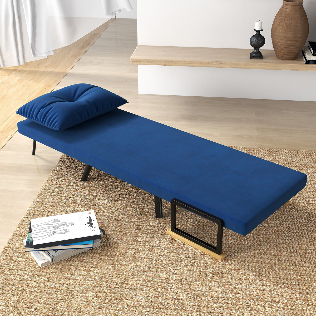 Poltrona Cama 3 em 1 com Encosto Reclinável e Almofada em Tecido Efeito Veludo 63x73x81 cm Azul — foto 2