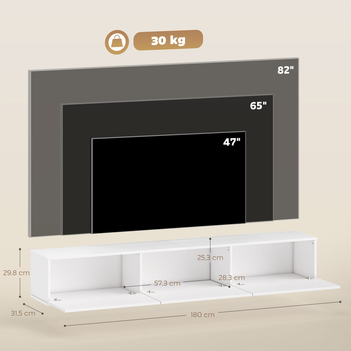 Móvel de TV Suspenso 180 cm, Móvel para televisão até 208,28 cm com 3 Portas Basculantes e Fecho Suave, Branco — foto 2
