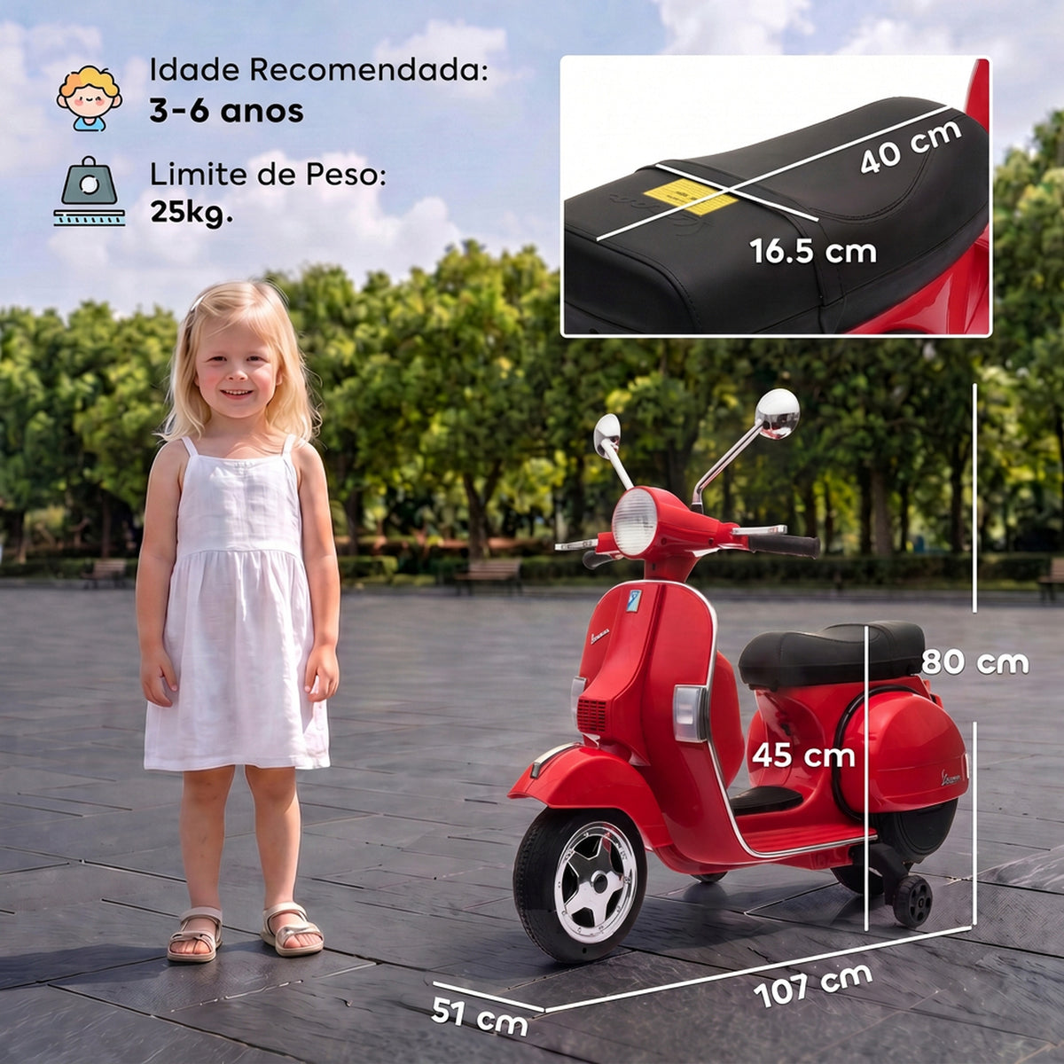 Mota Elétrica Infantil 12V Vespa PX150 com Rodinhas de Apoio, 2 Motores, Suspensão Traseira, Música e Luzes, 3 km/h, 3-6 Anos, Vermelha — foto 2