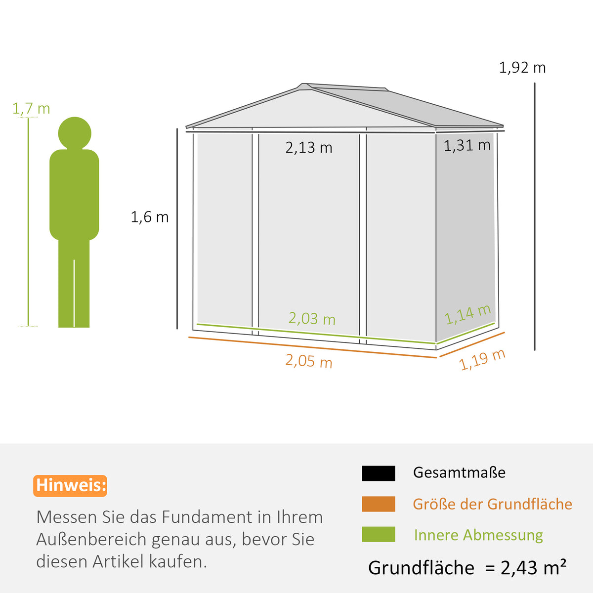 2,43 m² Galpão, 213 x 131 x 192 cm Galpão de ferramentas com telhado de duas águas, Porta de correr trancável, resistente às intempéries, Cinza — foto 2