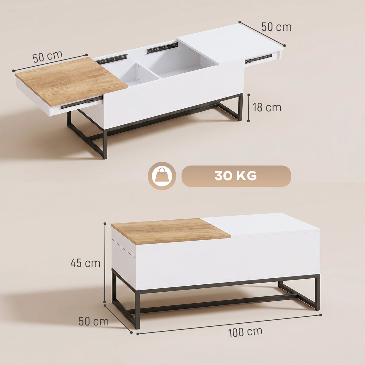 Mesa de Centro Extensível com Tampo Deslizante Mesa de Sala com Compartimento de Armazenamento Oculto e Pés em Aço Branco — foto 2