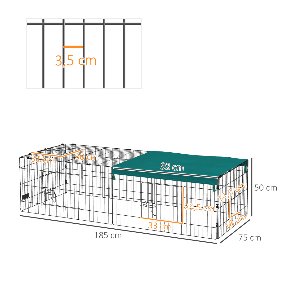 Gaiola para Animais Pequenos de Aço com Toldo para Coelhos e Roedores 185x75x50 cm Verde — foto 2