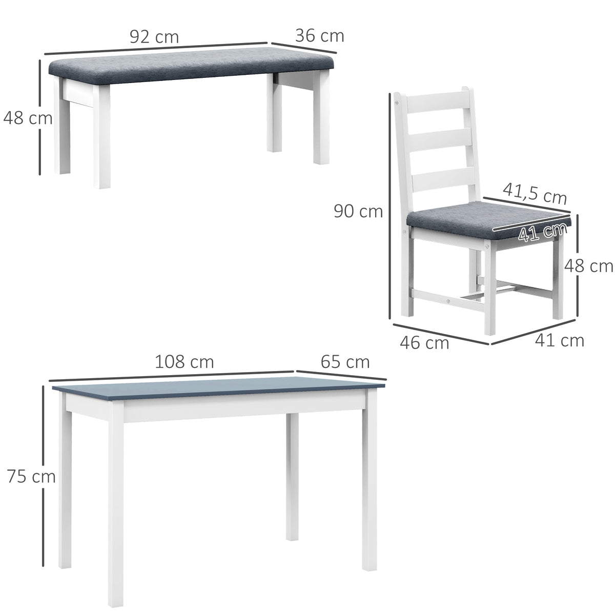 Conjunto de assentos, Conjunto de mesa de jantar 4 peças, 1 mesa, 1 banco, 2 cadeiras, Cinza + Branco — foto 2