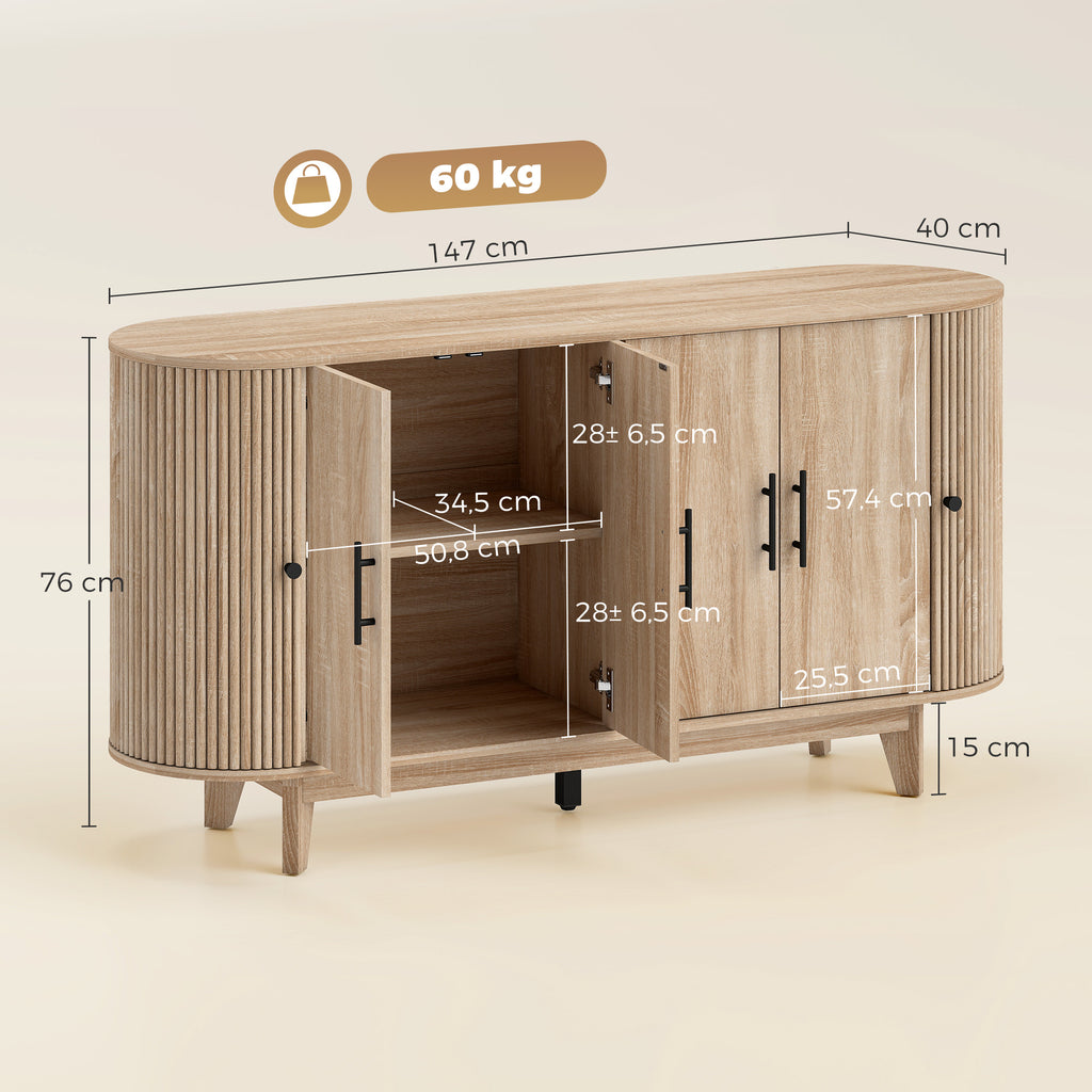 Buffet para sala, móvel de arrumação oval com 4 portas e 2 prateleiras ajustáveis, 147x40x76cm, carvalho — foto 2