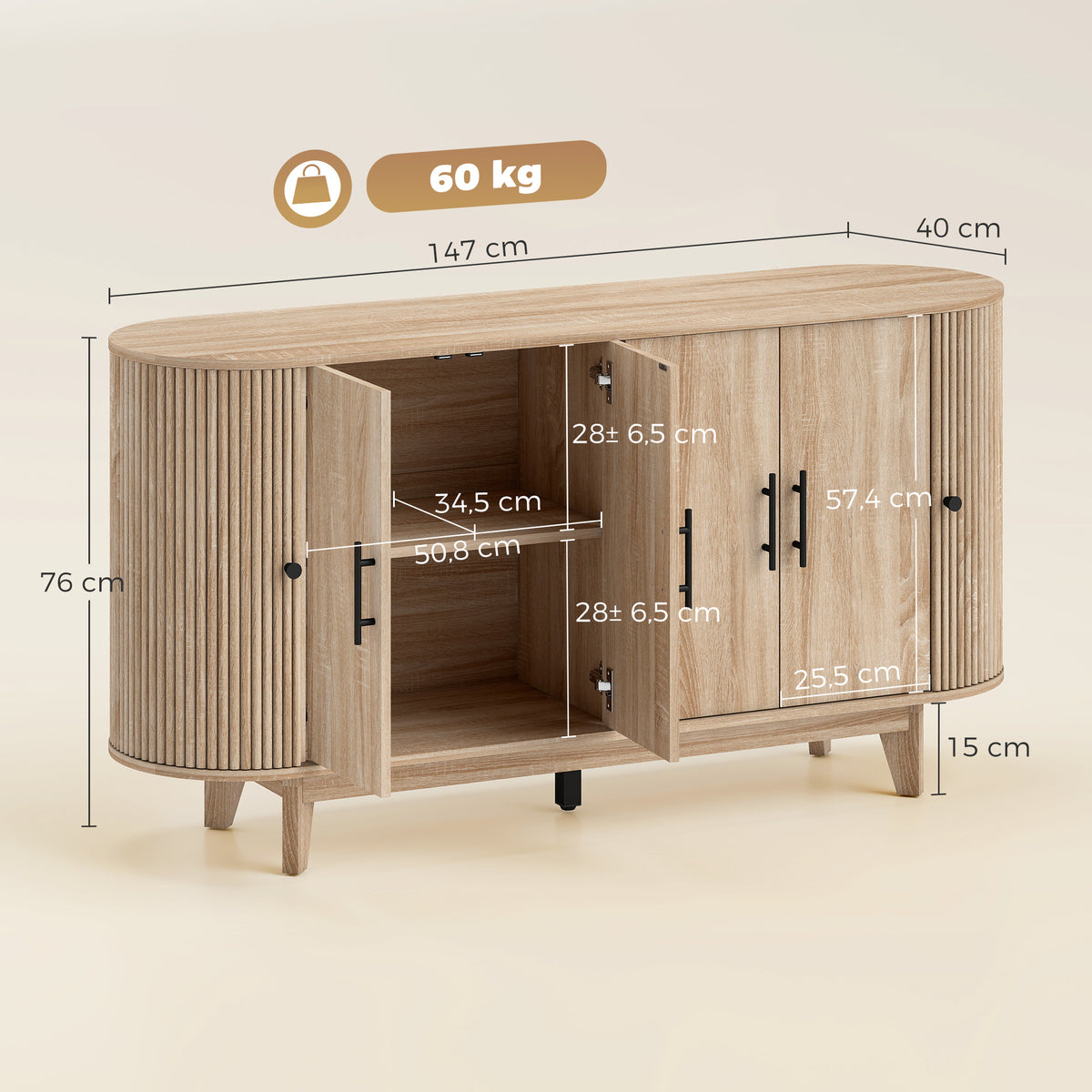 Buffet para sala, móvel de arrumação oval com 4 portas e 2 prateleiras ajustáveis, 147x40x76cm, carvalho — foto 2