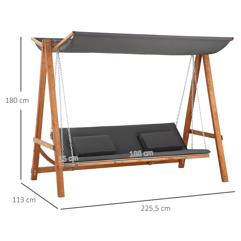 Balanço estilo Hollywood com função de cama 3 lugares Balanço de jardim em lariço com dossel solar ajustável 225,5 x 130 x 180 cm — foto 2