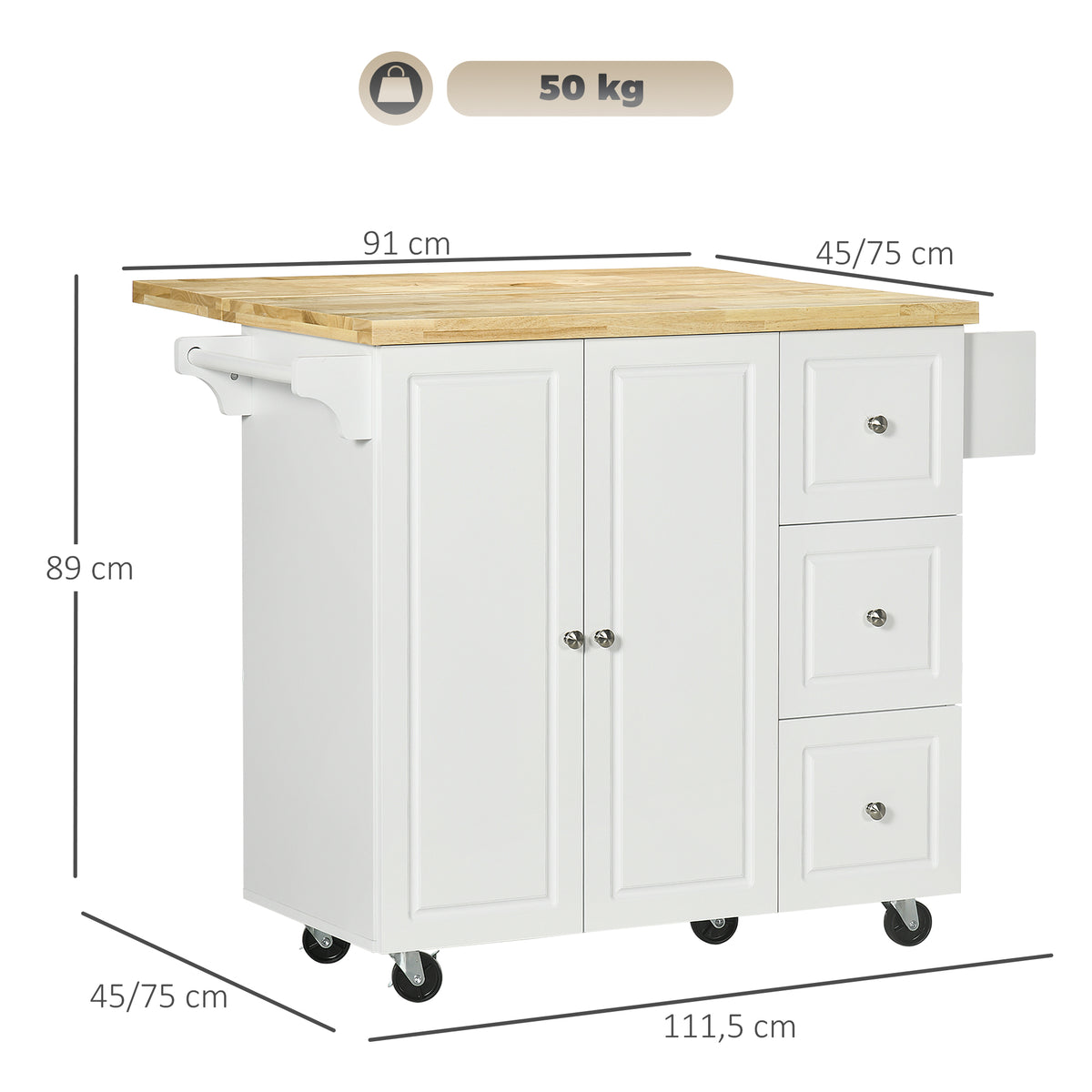 Ilha de Cozinha com Tampo Rebatível 3 Gavetas 1 Armário Porta-Panos e Porta-Especiarias 111,5x75x89 cm Branco — foto 2