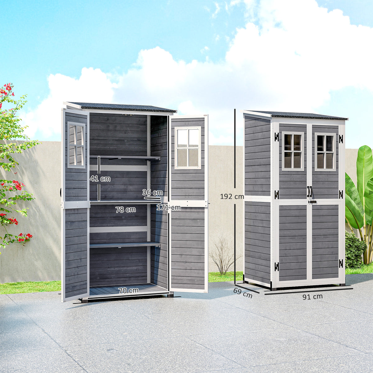 Abrigo de Armazenamento para Jardim Abrigo de Ferramentas com 2 Janelas Estacas para Base Telhado em Betume 91x69x192 cm Madeira de Pinho Cinza Claro — foto 2
