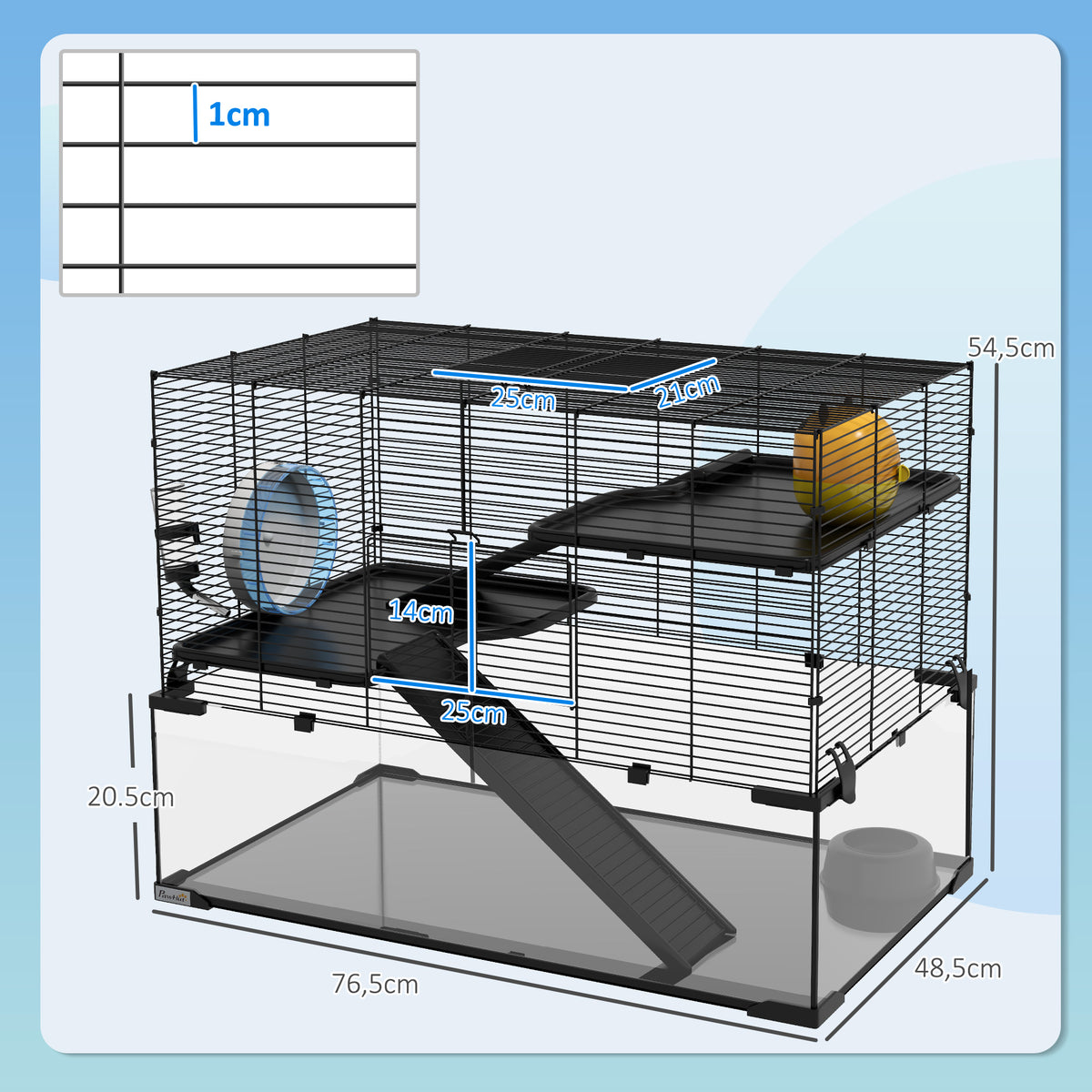 Gaiola para Hamster Gaiola para Roedores 3 Níveis com Roda Rampas Casinha Bebedouro Comedouro 76,5x48,5x54,5 cm Preto — foto 2