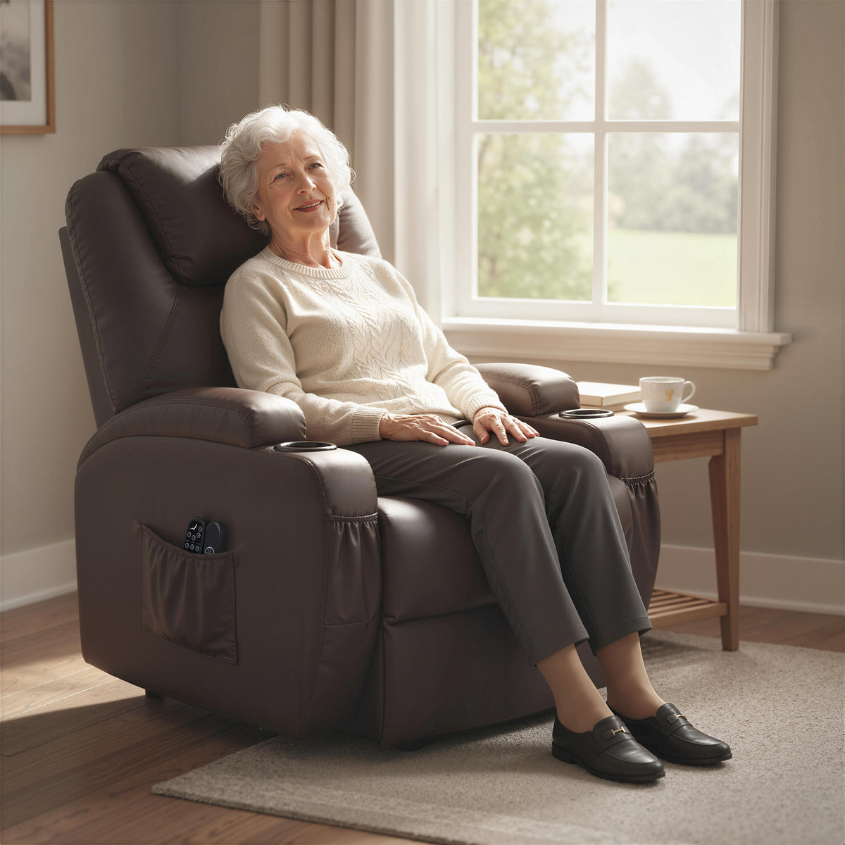 Poltrona para levantar, poltrona relax com ajuda para levantar, inclui controle remoto, porta-copos, encosto ajustável, castanho — imagem 5
