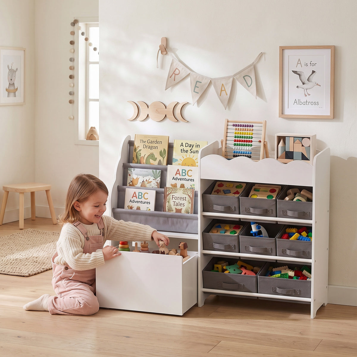 Organizador Infantil com Estante para Livros, 8 Caixas de Tecido, Gaveta com Rodas e Prateleira, Branco — imagem 3