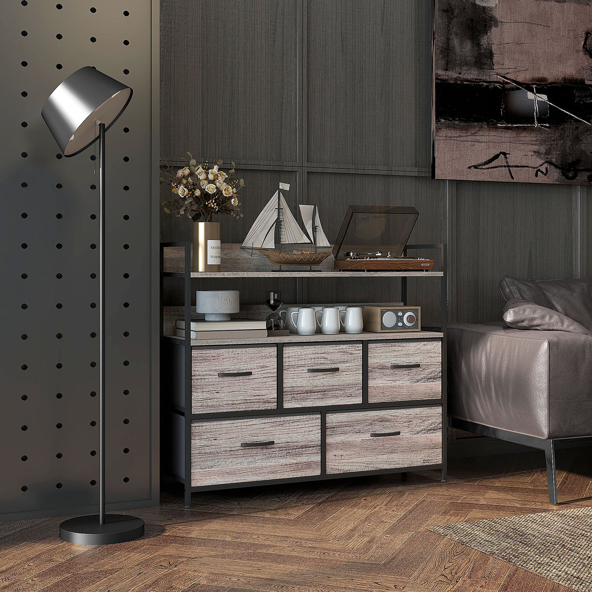 Móvel de Armazenamento Estilo Industrial Cómoda 5 Gavetas em Tecido Dobráveis e Removíveis e Prateleiras 98x29x85 cm — imagem 3