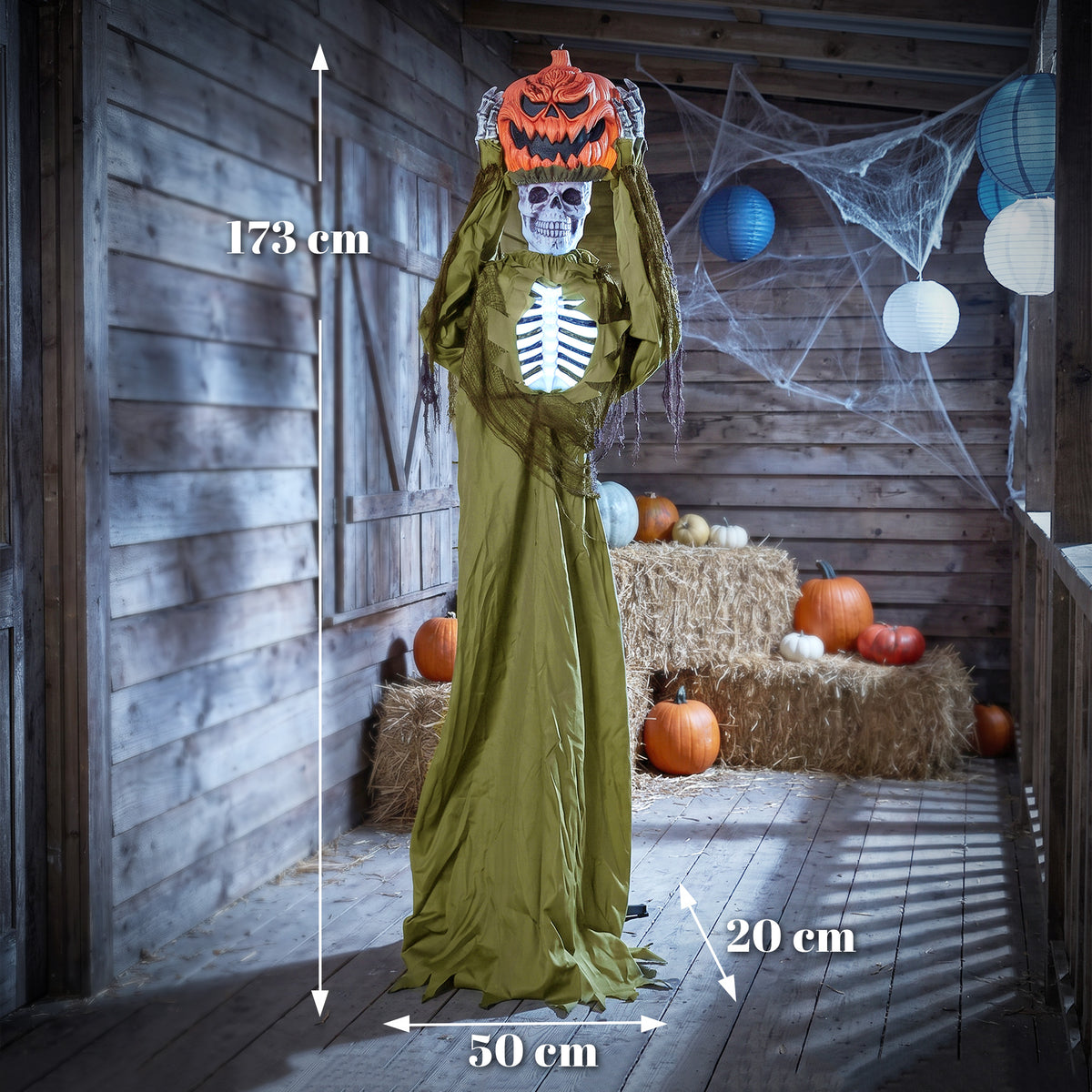 Esqueleto de Abóbora Pop-up Animado 173 cm Decoração de Halloween Assustadora com Luz e Ativação por Som e Toque — foto 2