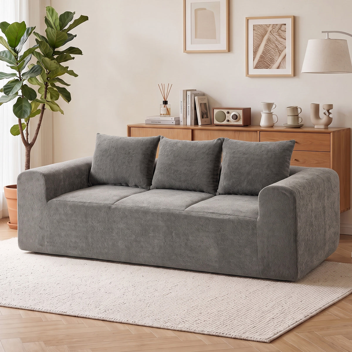 Sofá 3 Lugares em Chenille 220 cm Sofá de Sala Moderno com Assento e Apoios de Braço Largos 3 Almofadas Cinza — imagem 13