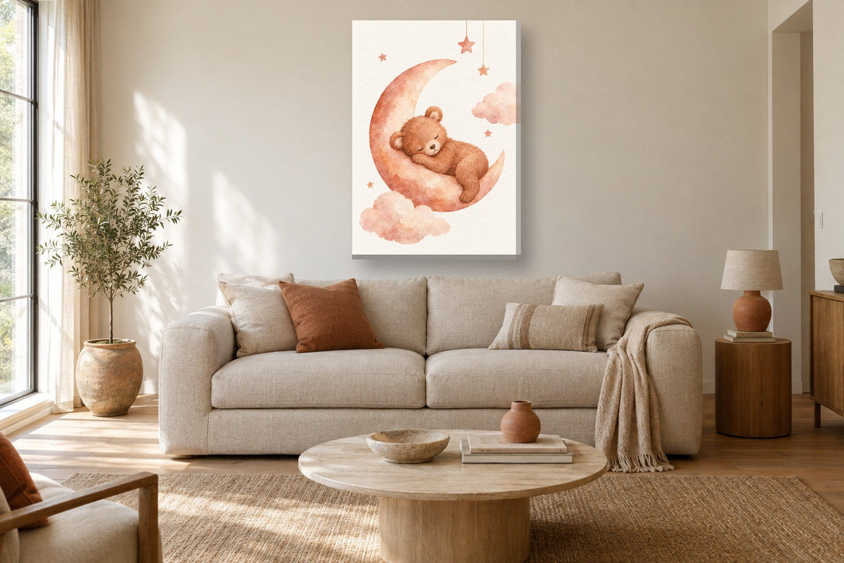 Urso e lua · Aguarela · Quadro em tons pastel — pastel-urso-e-lua-aguarela_ver_70x100_sala