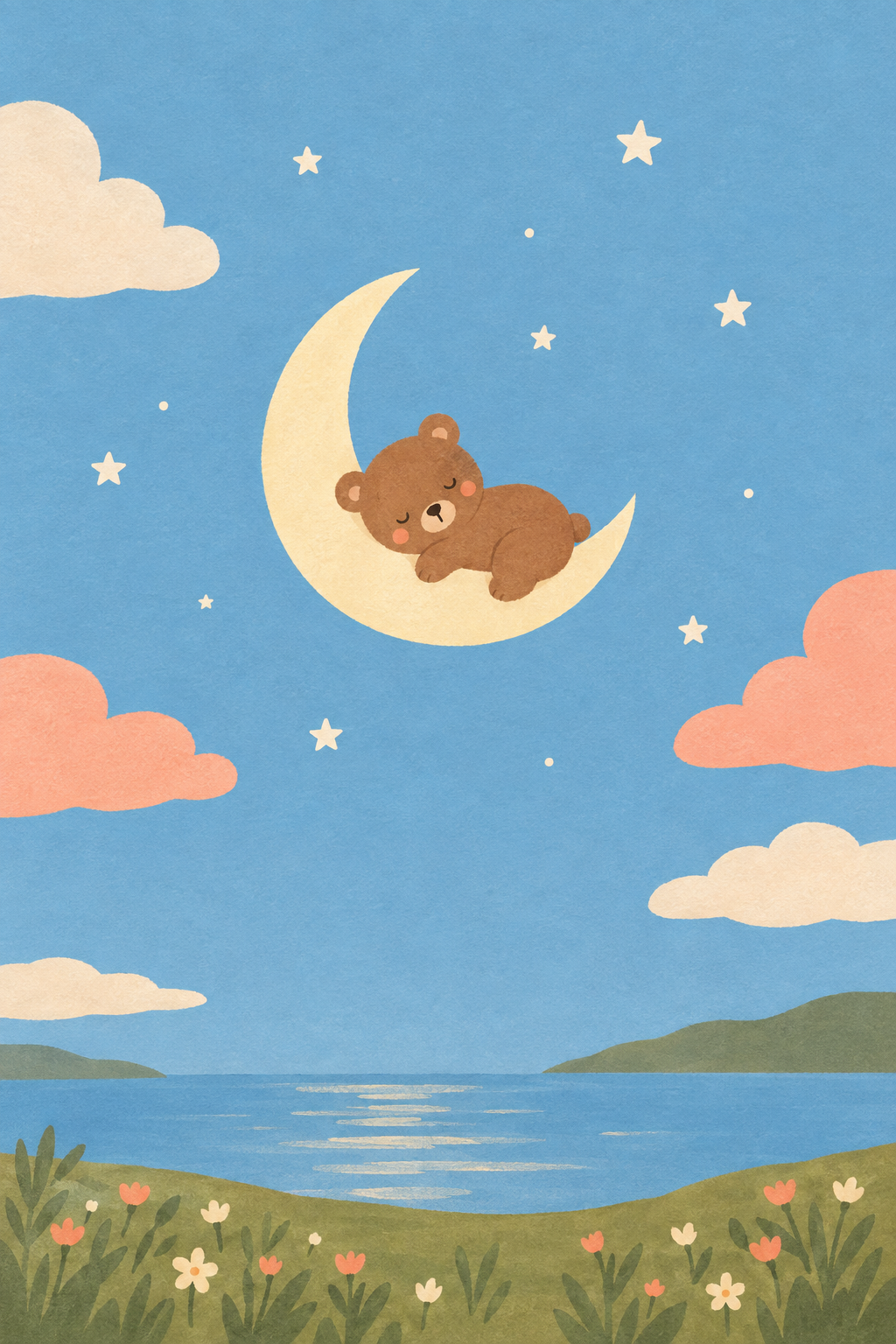 Urso e lua · Gouache · Quadro em tons pastel — pastel-urso-e-lua-gouache_ver