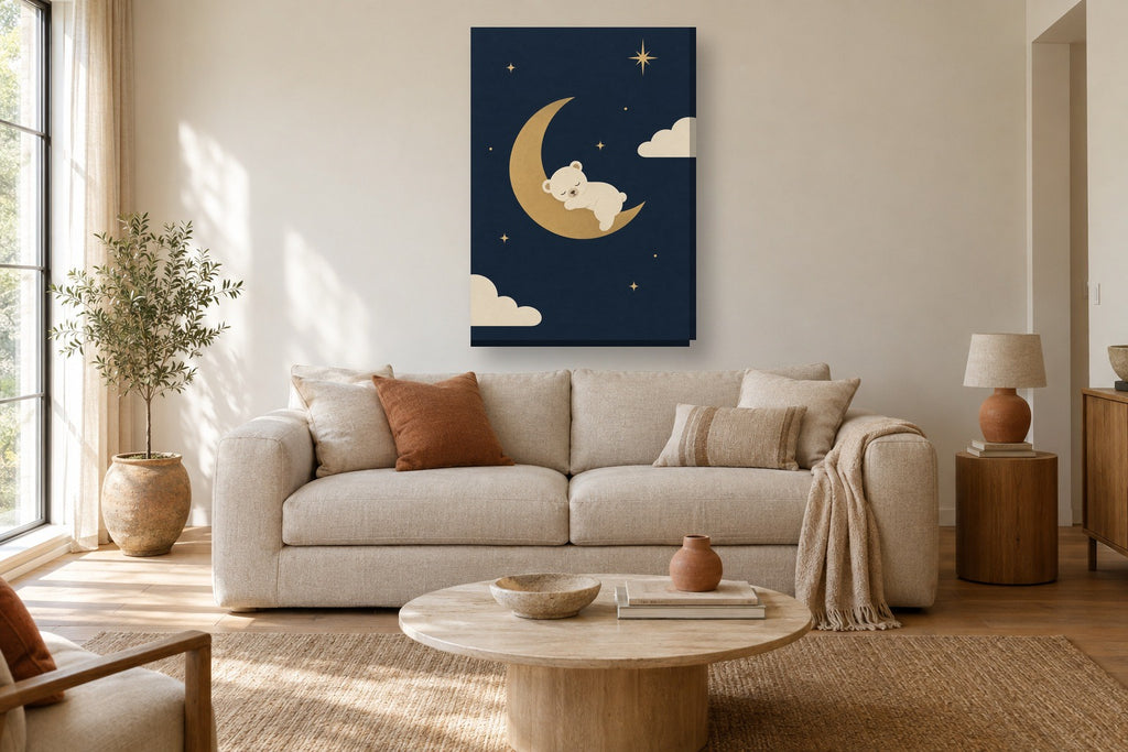 Urso e lua · Minimalista · Quadro em tons pastel — pastel-urso-e-lua-minimal_ver_70x100_sala