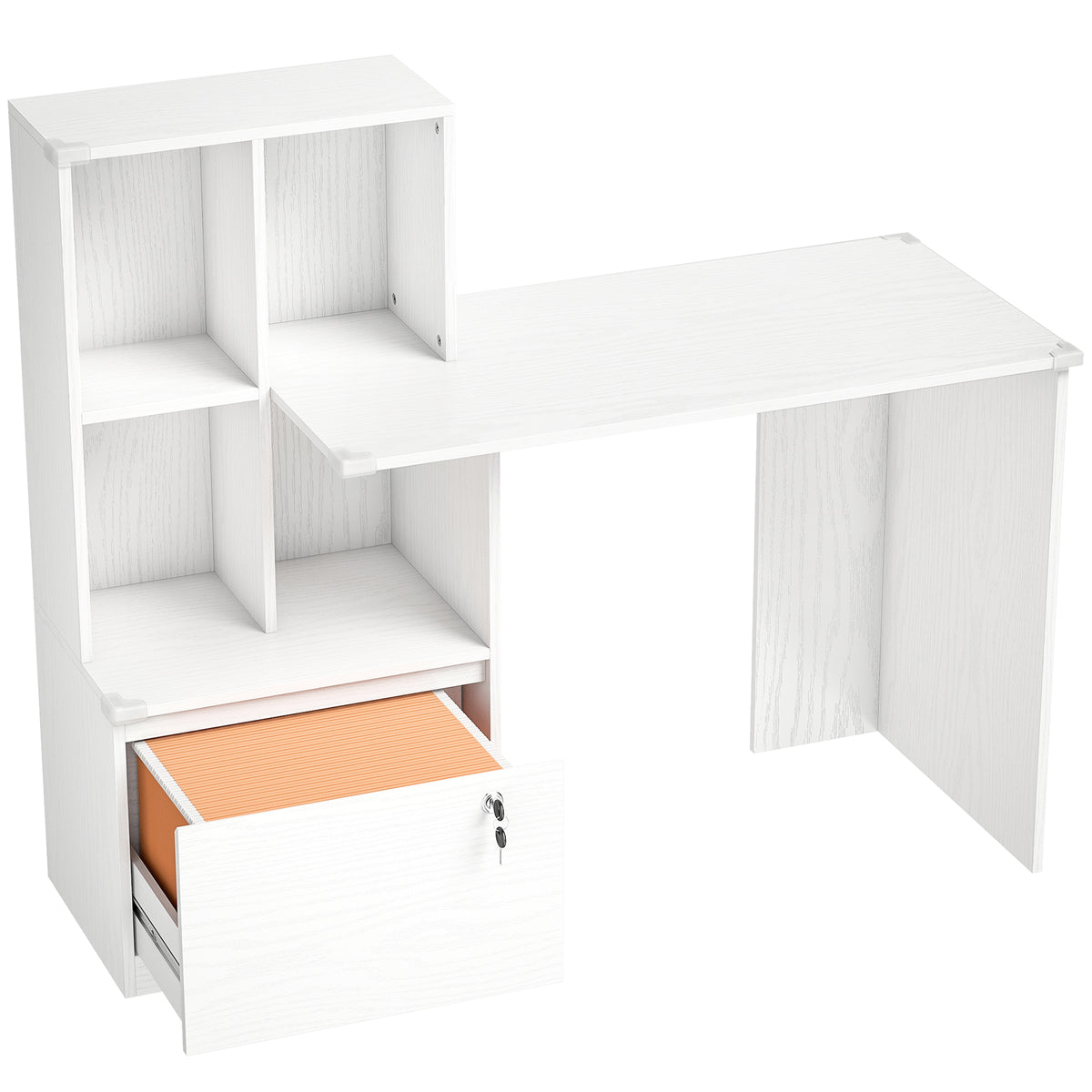 Mesa para computador com estante 4 compartimentos e gaveta com fechadura, 126 x 50 x 109 cm, grão de madeira branco — foto 1