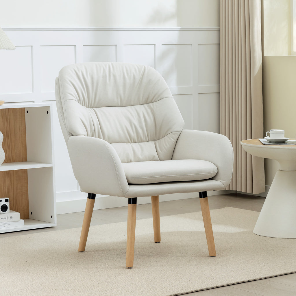 Poltrona de Sala de Estar Moderna Acolchoada de Dupla Camada Estofada em Couro Sintético Pés de Madeira 68x74x89 cm Creme — foto 2