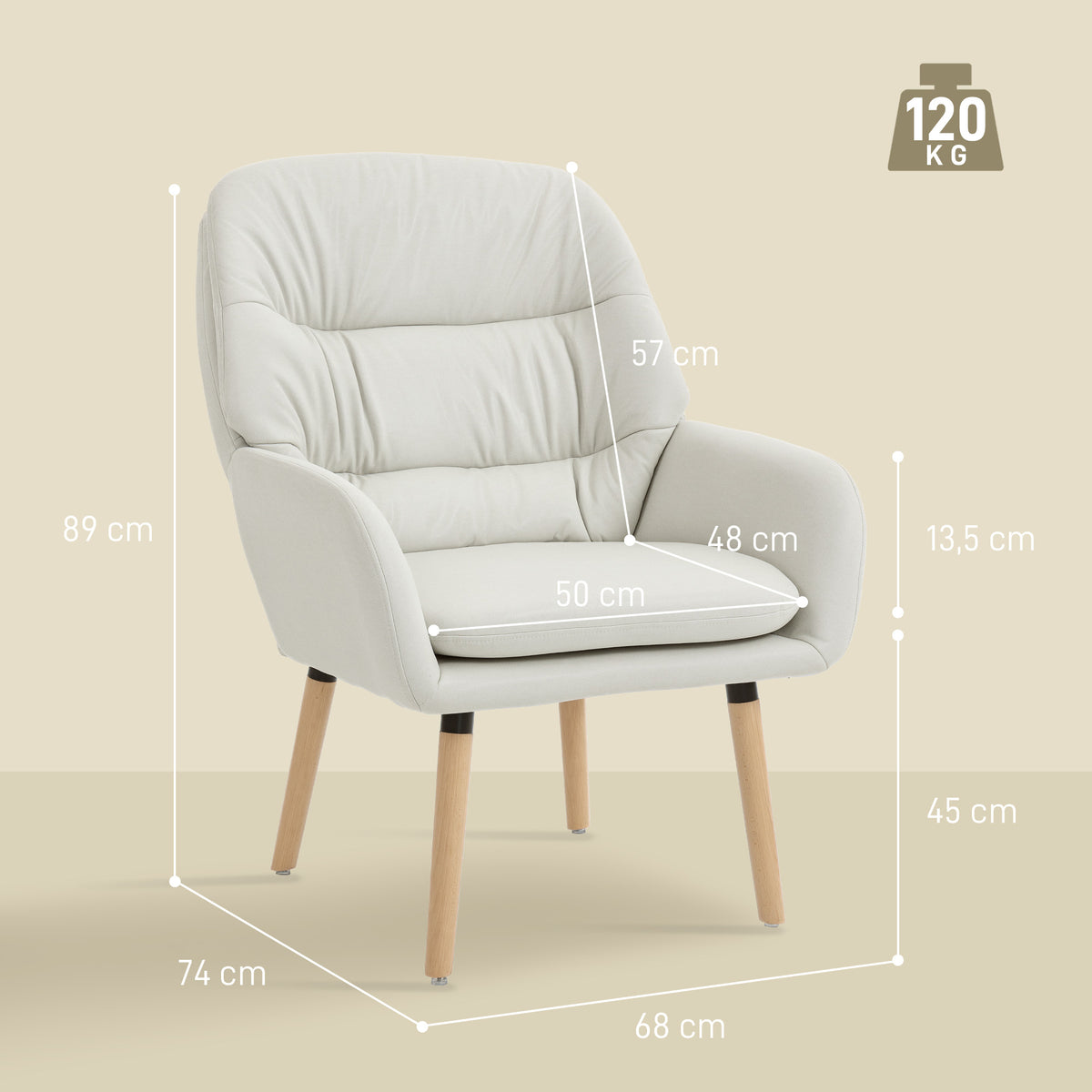 Poltrona de Sala de Estar Moderna Acolchoada de Dupla Camada Estofada em Couro Sintético Pés de Madeira 68x74x89 cm Creme — foto 3
