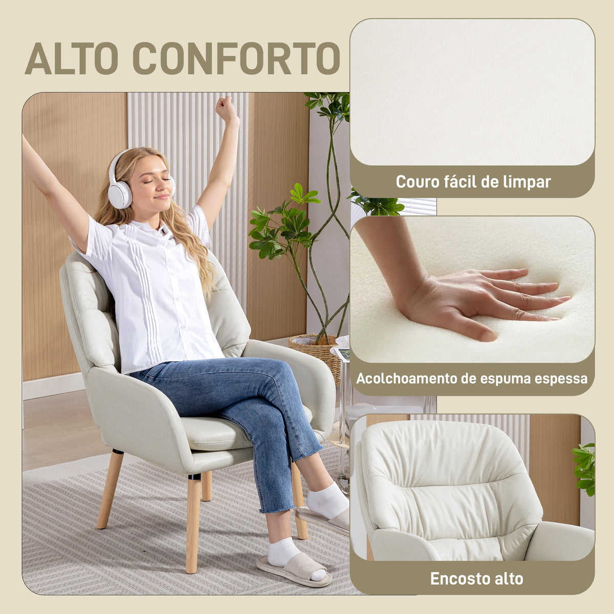 Poltrona de Sala de Estar Moderna Acolchoada de Dupla Camada Estofada em Couro Sintético Pés de Madeira 68x74x89 cm Creme — foto 4