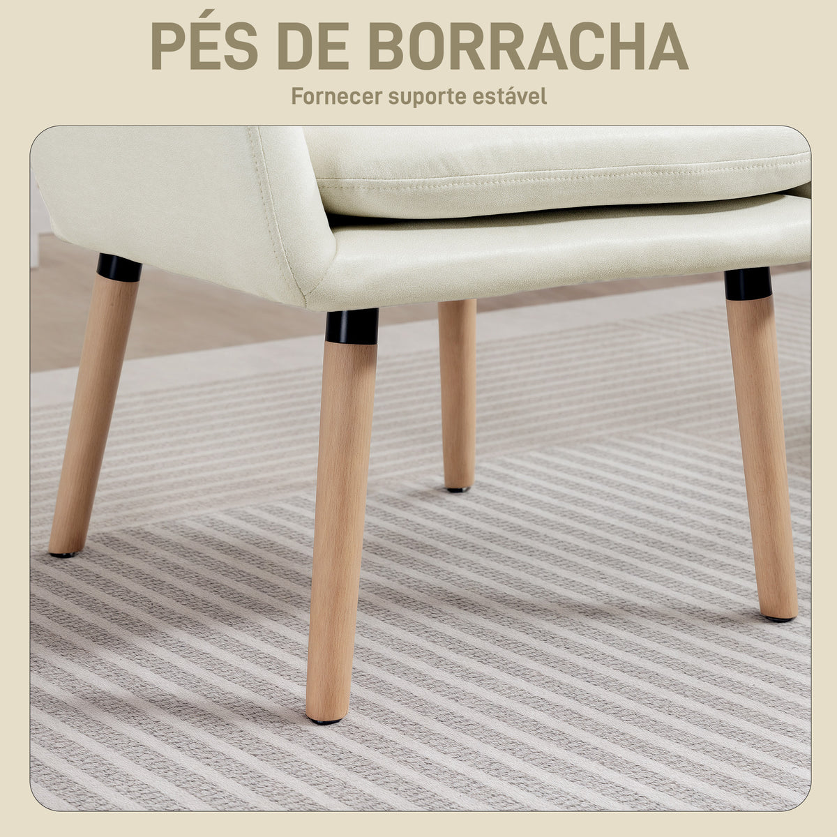 Poltrona de Sala de Estar Moderna Acolchoada de Dupla Camada Estofada em Couro Sintético Pés de Madeira 68x74x89 cm Creme — foto 5