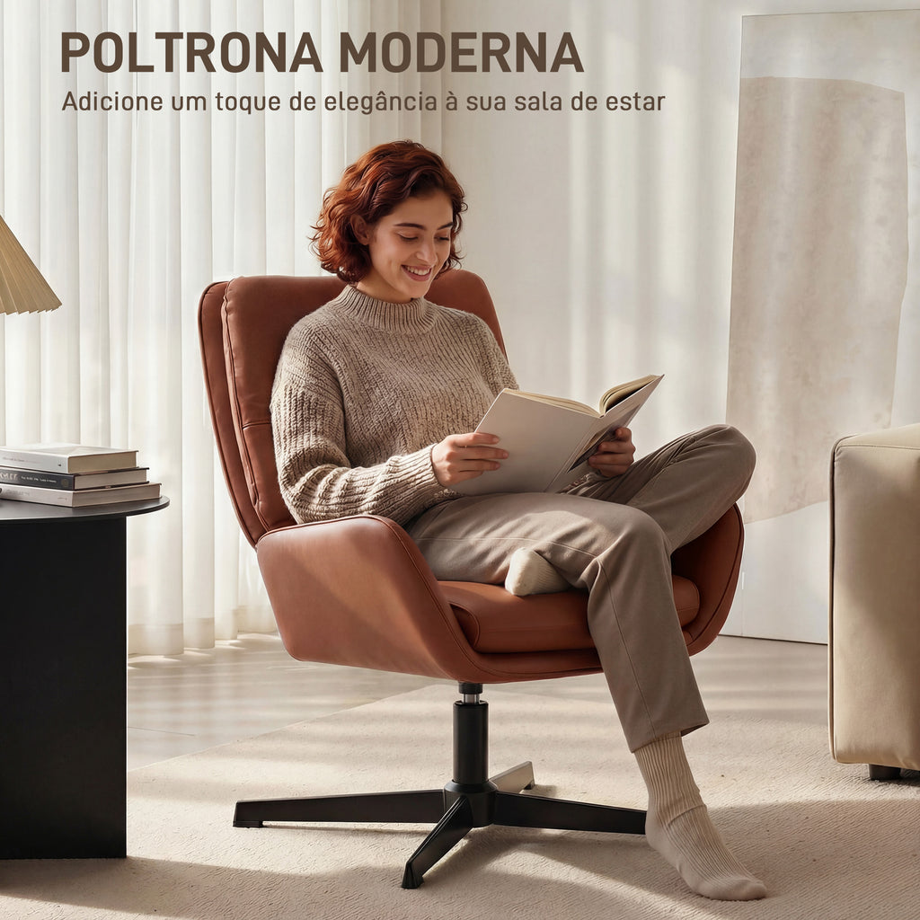 Poltrona Giratória Estofada em PU com Assento Acolchoado, Apoios de Braços e Pernas Metálicas, Castanho — foto 4