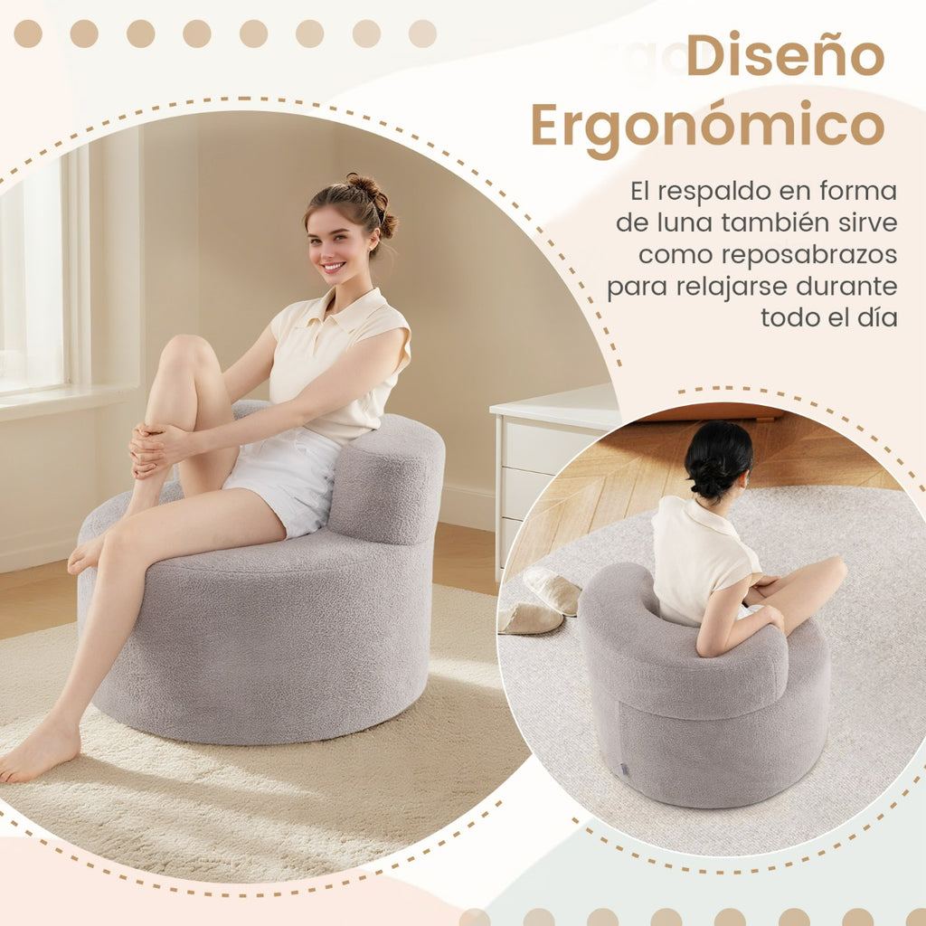 Poltrona Puff Redonda com Encosto Curvo em Forma de Lua com Forro de Felpa Teddy Cinzento — foto 8