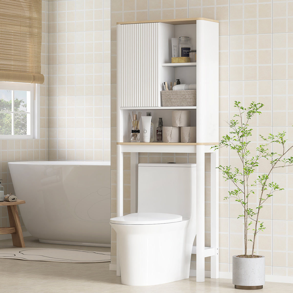 Móvel Sobre a Sanita com Porta Canelada Compartimentos e Prateleira Ajustável 65x25x170 cm Branco — imagem 3