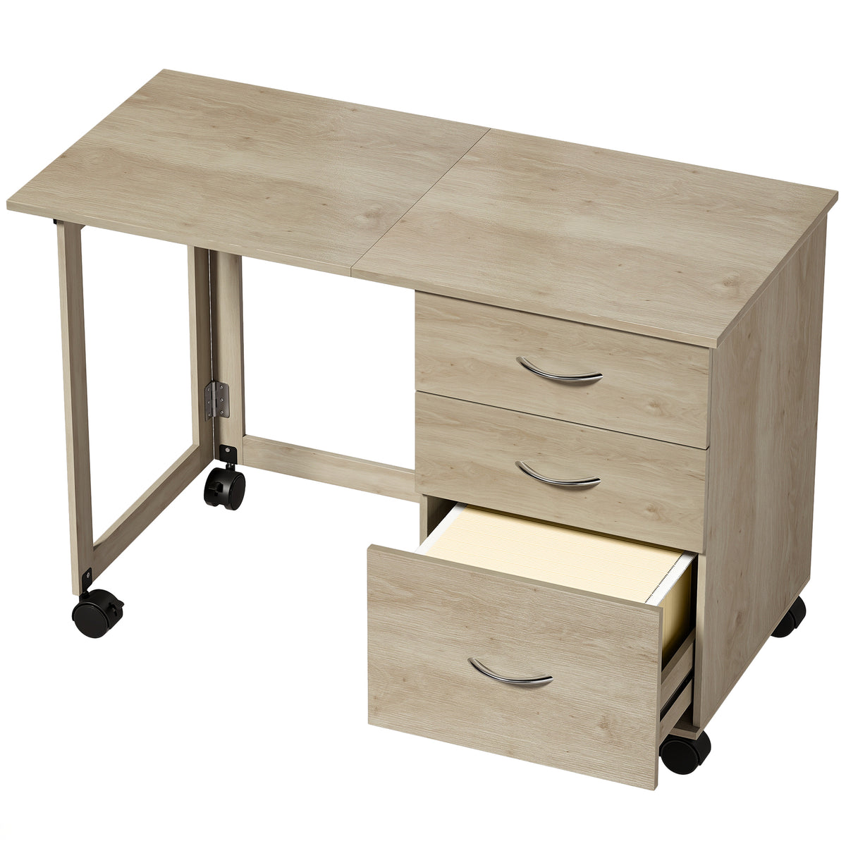 Secretária Dobrável com Rodas com Travão, 3 Gavetas e Tampo Rebatível, Design Moderno, 107x50x72 cm, Carvalho — foto 1