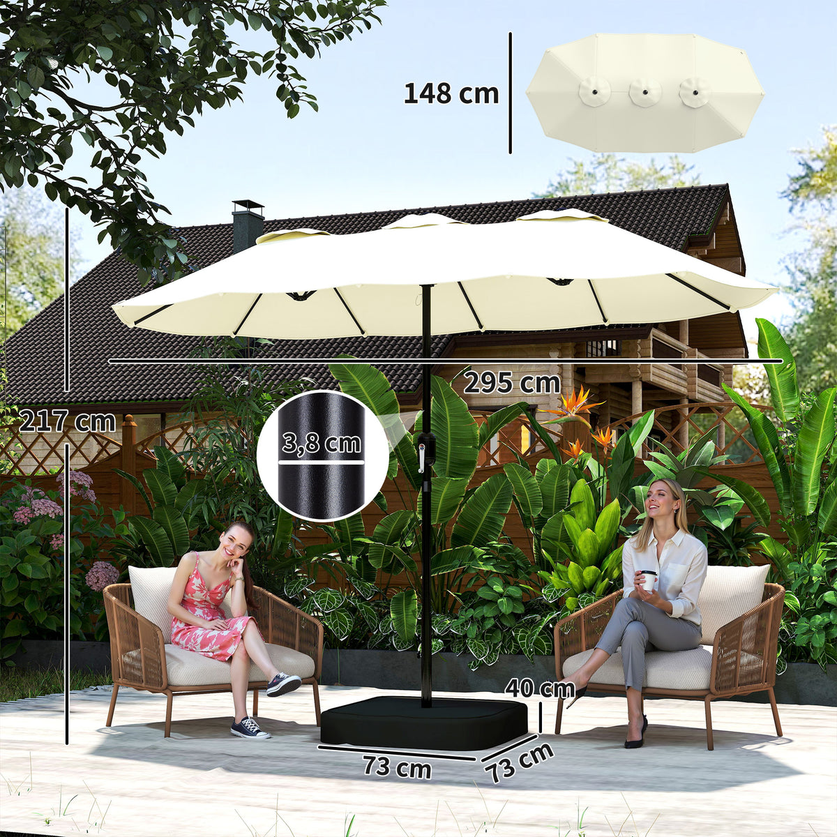 Guarda-Sol de Jardim Dupla Face 3x1,5 m com Base e Sacos de Areia UPF 50+ Guarda-Sol com Capa Manivela Bege — foto 2