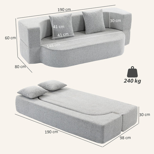 2 em 1 Sofá Cama 2 Lugares com 2 Almofadas Removíveis, Braços, Assento Estofado, em Chenille, Cinza Claro — foto 2