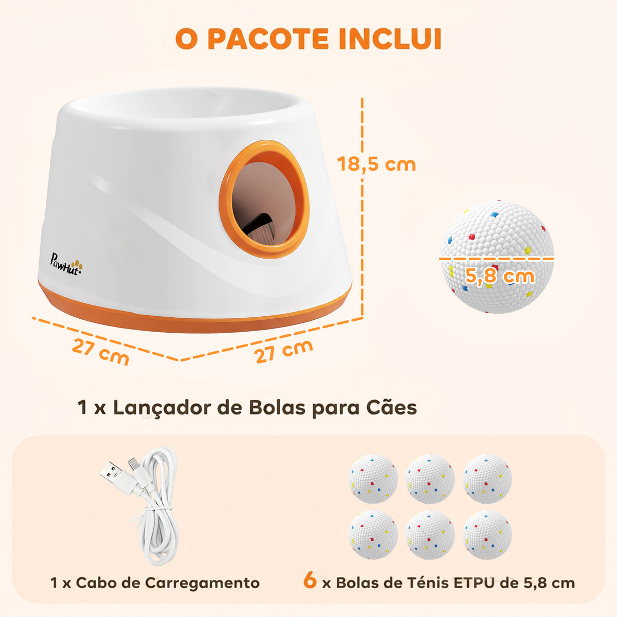 Lançador Automático de Bolas para Cães com 6 Bolas em ETPU e 3 Distâncias Ajustáveis 6/10/14 m, Laranja — foto 2