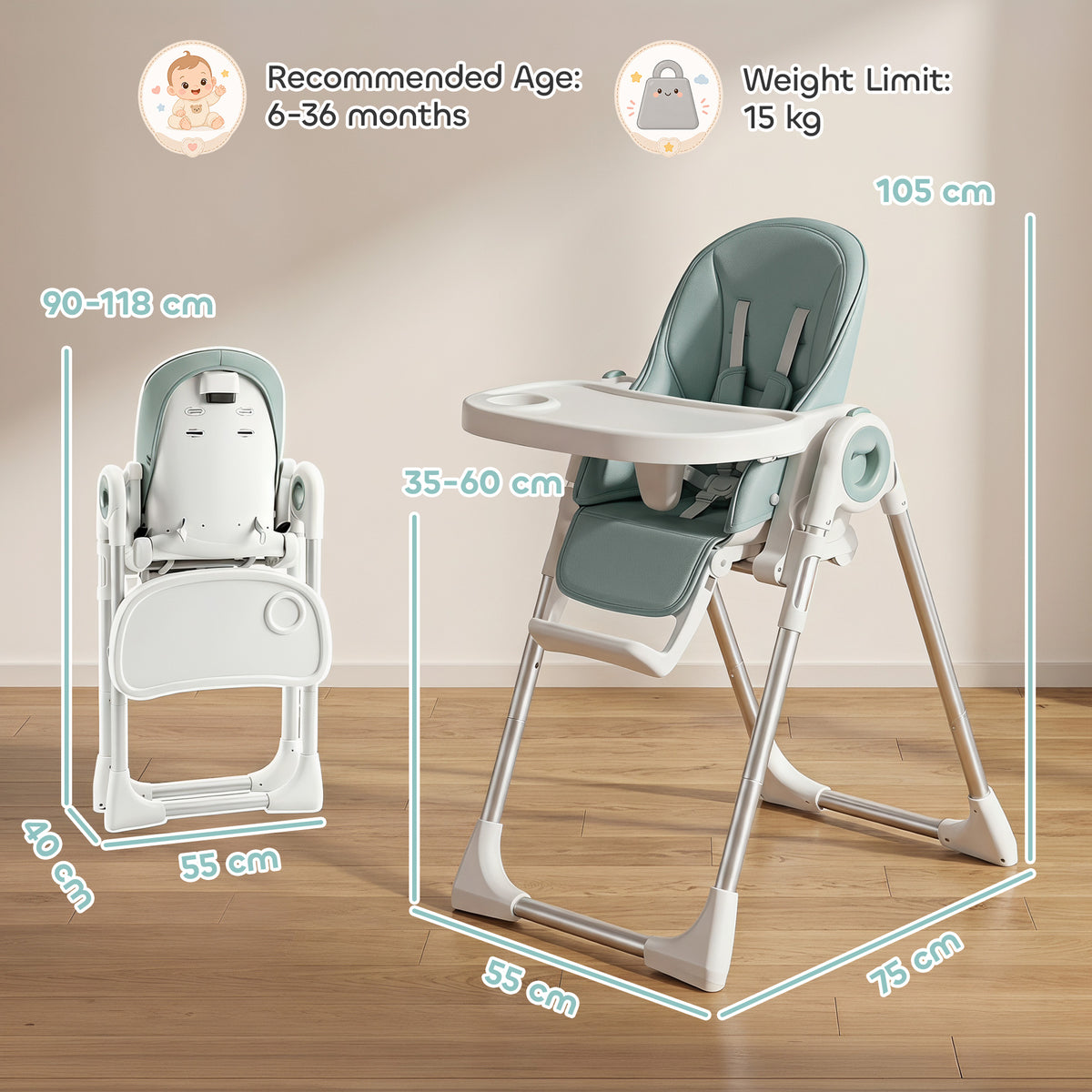 Cadeirão de Alimentação Dobrável para Crianças 6-36 Meses com Altura Regulável Duplo Tabuleiro Lavável Rodas Verde — foto 2