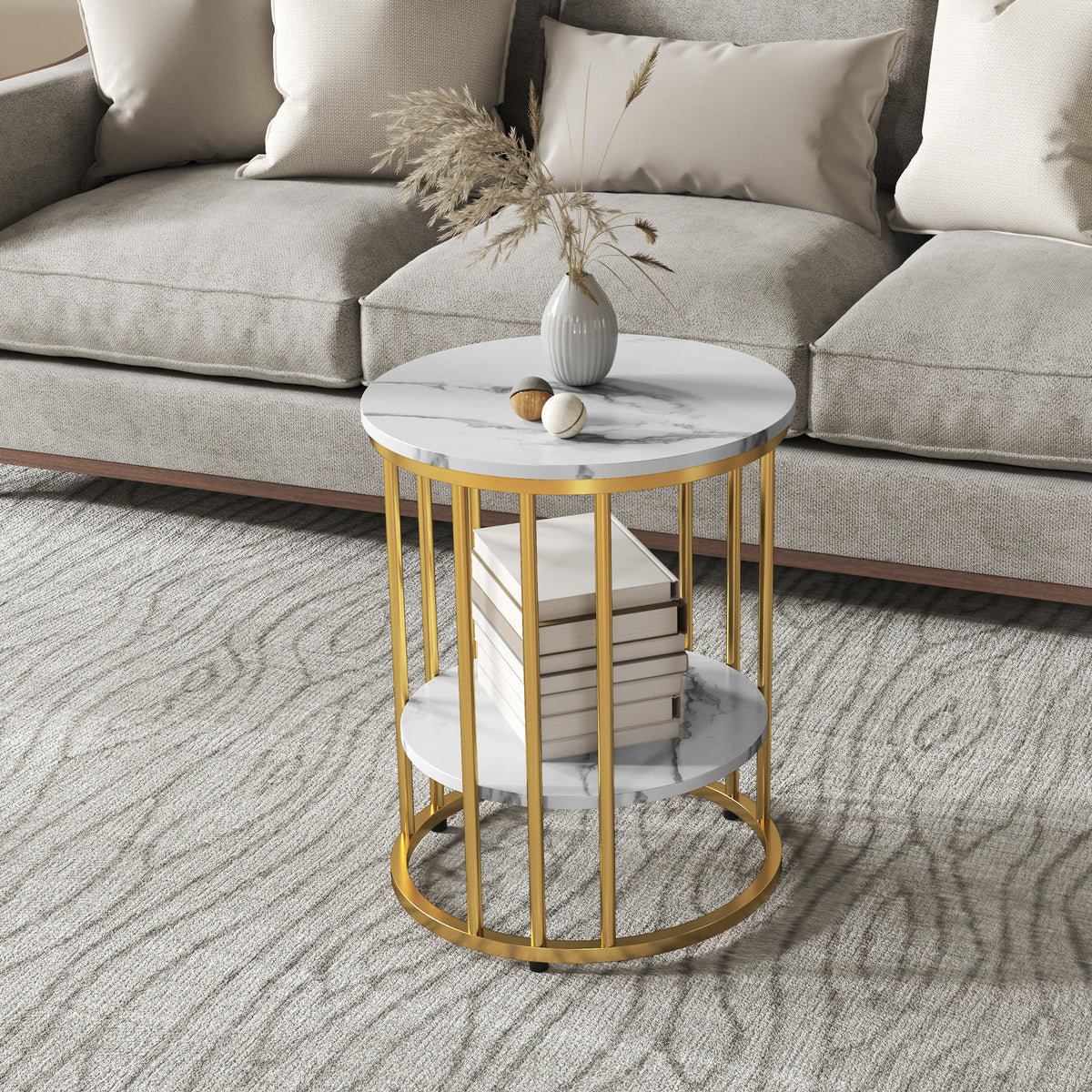 Conjunto de 2 Mesas de Centro Redondas Mesas de Sala com Efeito Mármore com Prateleira de Armazenamento Aberta Dourado — imagem 5