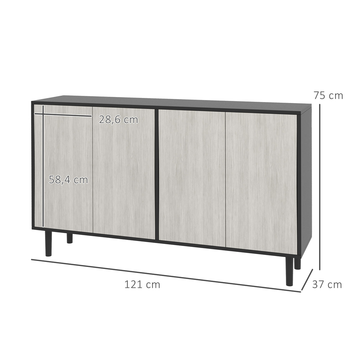 Aparador de Cozinha Móvel de Armazenamento 2 Armários com Prateleiras Ajustáveis 121x37x75 cm Preto e Aspecto de Madeira Cinza — foto 2
