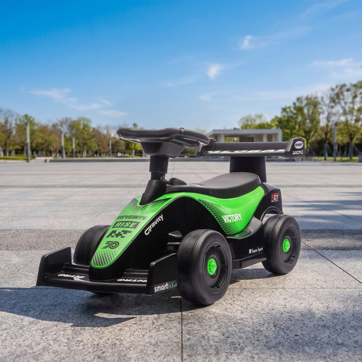 Carro Portador para Crianças F1 Veículo de Empurrar com Volante Musical Rodas Silenciosas e Compartimento 18-36 Meses Verde — imagem 3