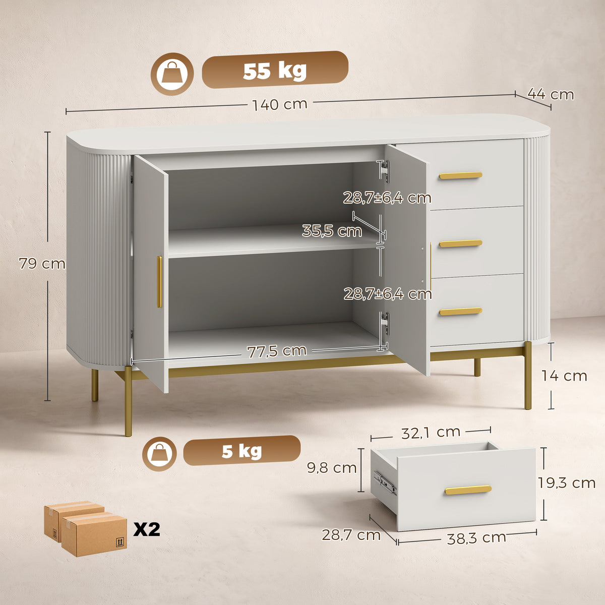 Aparador de Sala, Móvel de Arrumação com 2 Portas, 3 Gavetas, Prateleira Ajustável e Frente Ranhurada, 140x44x79cm, Cinzento Claro — foto 2