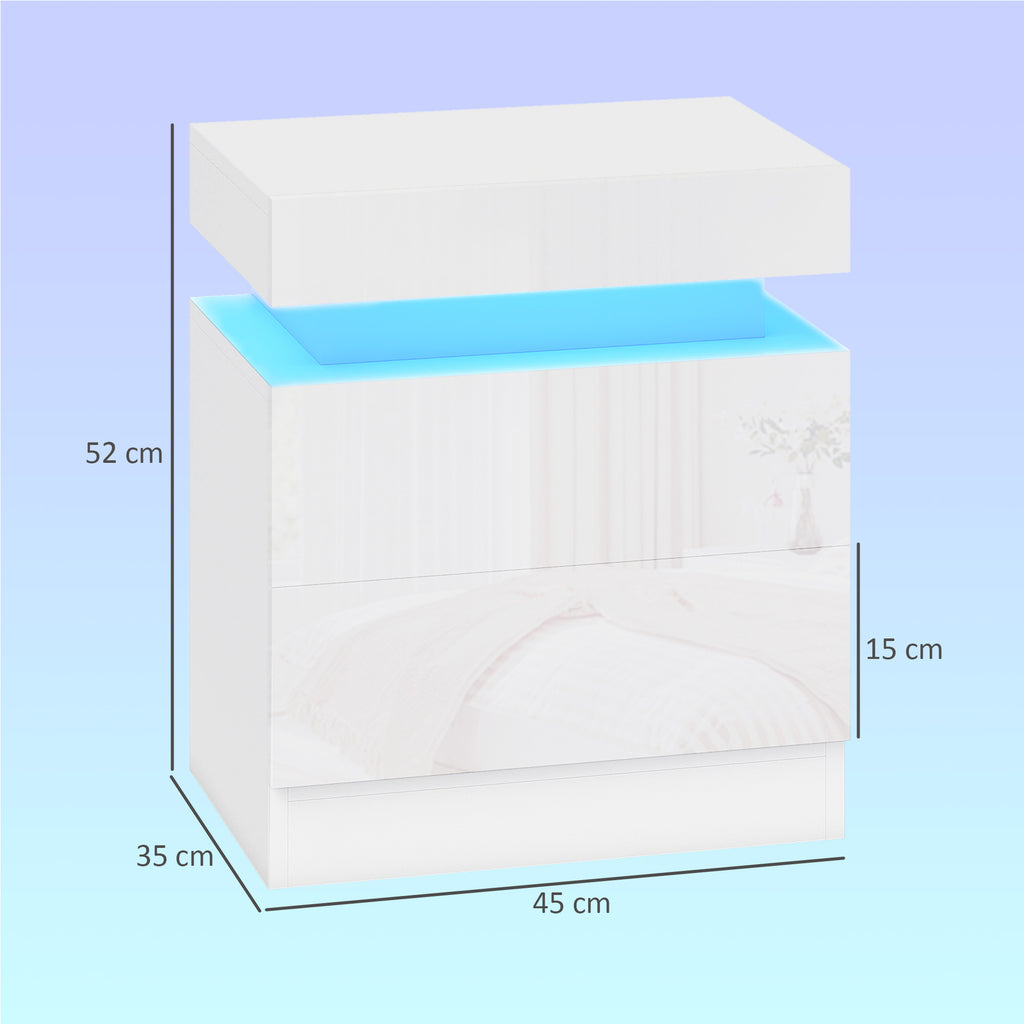 Conjunto 2 Mesas de Cabeceira LED a 16 Cores e 4 Modos com 2 Gavetas em Madeira 45x35x52 cm Branco Brilhante — foto 2